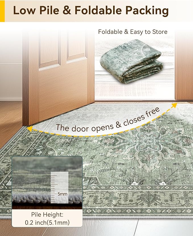 Area Rugs 3'x7' Runner Rug Non Slip Washable for Kitchen Hallway Bedroom Beside Laundry Room Bathroom Rug, Floor Carpet, Dark Green Gray