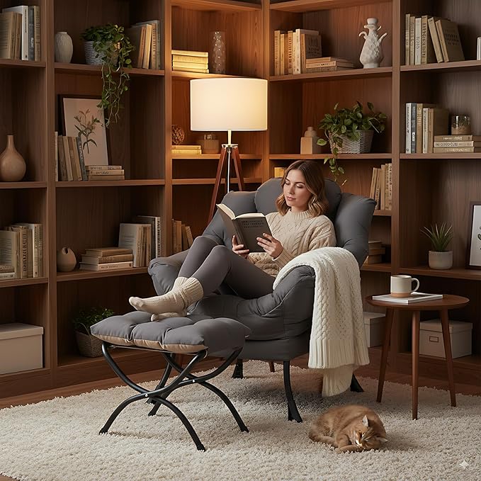 LITA Lazy Chair with Ottoman, Modern Accent Leisure Upholstered Lazy Sofa Armchair, Contemporary Lounge Reading Chair with Armrests and a Side Pocket for Living Room, Bedroom & Small Space, Dark Grey