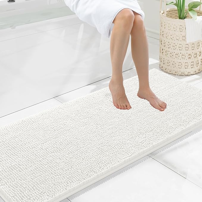 Smiry Luxury Chenille Bathroom Rugs 59x20, Extra Soft and Absorbent Shaggy Bath Mat, Machine Washable, Non-Slip Plush Carpet Runner for Tub, Shower, and Floor, Home Decor Accessories, Ivory