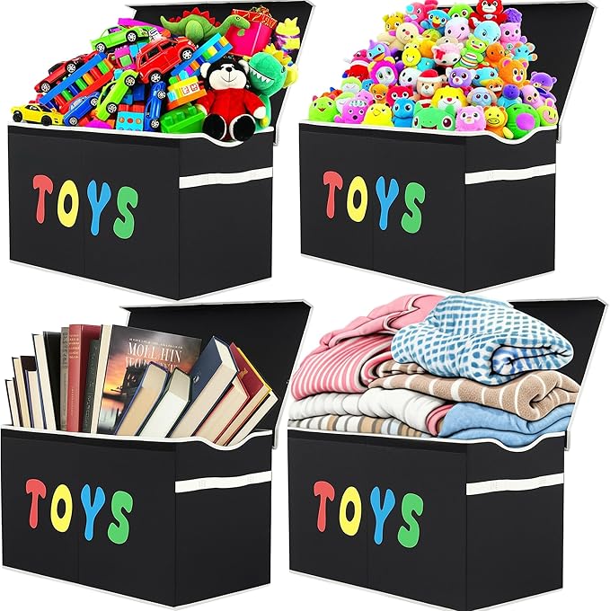 Toy Box Chest, Collapsible Sturdy Storage Bins with Lids, Extra Large Kids Toy Storage Organizer Boxes Bins Baskets for Kids, Boys, Girls, Nursery Room, Playroom, Closet (BLACK)