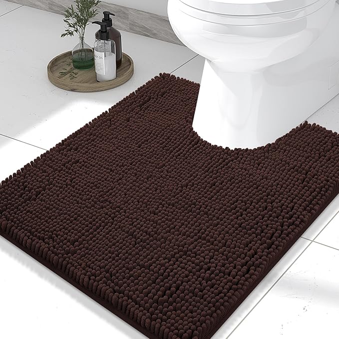Smiry Luxury Chenille Toilet Rugs U-Shaped 24x20, Soft Absorbent Non-Slip Contour Bathroom Rugs for Toilet, Machine Washable Contoured Bath Mats, Brown