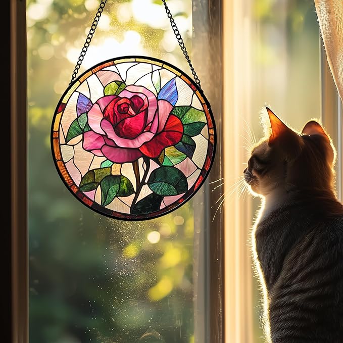 Stained Glass Window Hanging - Pink Rose Suncatcher for Door Garden Home Decor Birth Flower Sun Catcher Christmas Birthday for Friend Lovers Women Mom Nana 15 in