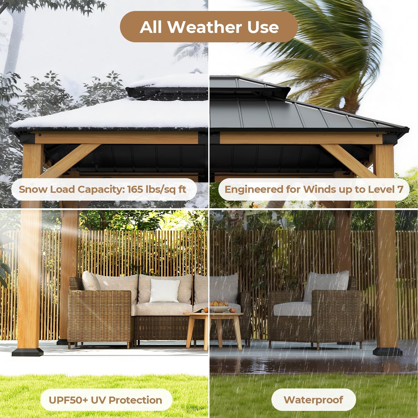 Jocoevol 10' X 12' Wood Gazebo Hardtop Outdoor Permanent Pavilion with Double Galvanized Steel Roof Snow Support, Wind Resistance for Backyard Garden, Lawns, Patio