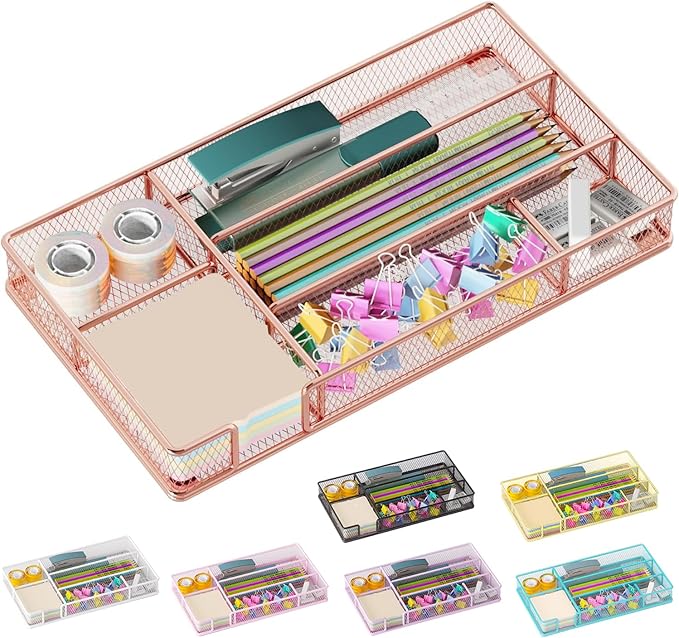 Desk Drawer Organizer Tray, Mesh Desk Organizer, Office Drawer Organizer, Desk Accessories & Workspace Organizers, Suitable for Tools, Pencils, Office Supplies Storage (Rose Gold)