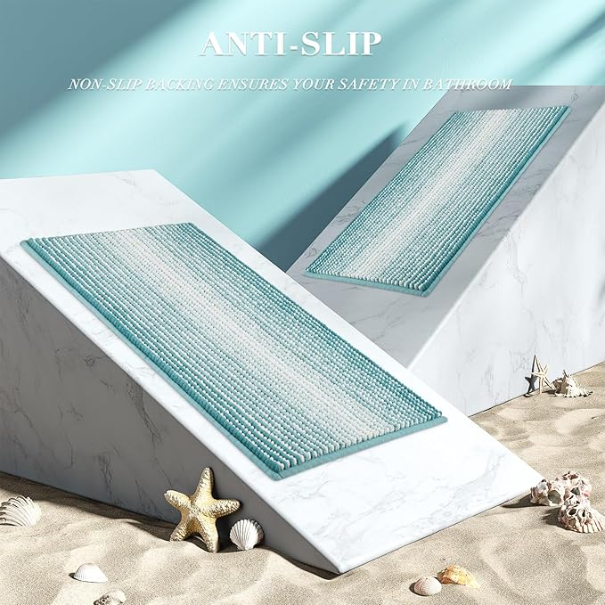 BSICPRO Bathroom Rugs and Mats Sets, 2 Piece Thick Absorbent Chenille Non Slip, Soft Shaggy Floor Mats, Machine Washable (Aqua Green, 20" x 47" Plus 16" x 24")