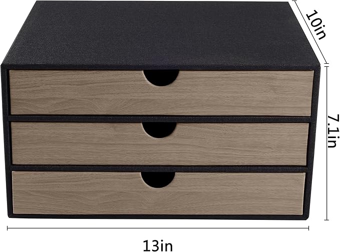 Fashion Multicolor Collocation Leather Desk Organizer File Cabinet Executive Office Supplies Desktop Filing A4 Contract Document Stackable Storage Box with 3 Drawers (Black)