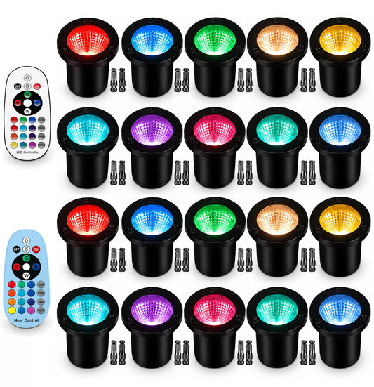 Motrackcao 20 Pack RGB Low Voltage Landscape Lights, 10W 1200LM Color Changing LED Well Lights with 40 Connectors, IP67 Waterproof Outdoor In Ground Lights 12V-24V for Pathway Garden Yard Tree (20)