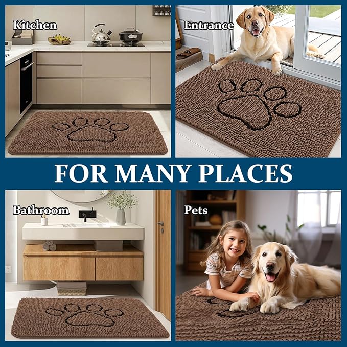 OLANLY Dog Door Mat for Muddy Paws 36x24, Paw Print Design, Absorbs Moisture and Dirt, Absorbent Non-Slip Washable Doormat, Quick Dry Chenille Mud Mat for Dogs, Entry Indoor Entryway Carpet, Mocha