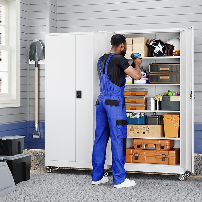 Yizosh Metal Garage Storage Cabinet with Locking Doors and Adjustable Shelves,- 75" Rolling Steel Tool Cabinet for Home Office,Garage,Warehouse