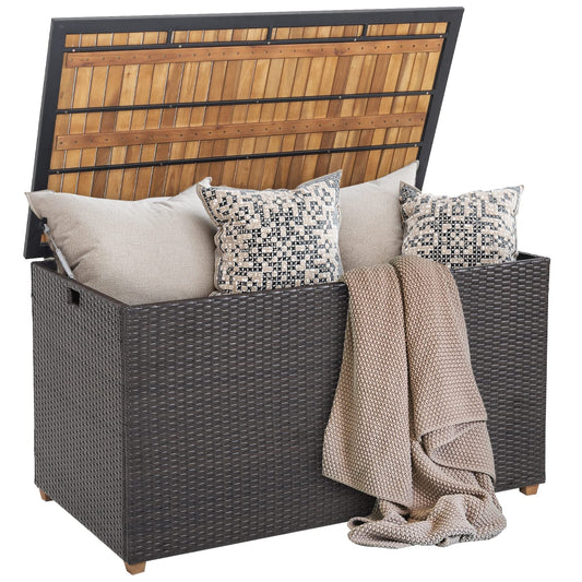HAPPYGRILL 134 Gallon Rattan Deck Box, Patio Wicker Storage Box with Zippered Liner, Solid Acacia Wood Top & Feet, Effort-Saving Pneumatic Rod, Outdoor Storage Container for Porch Backyard