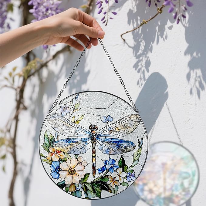 Stained Glass Window Hanging, 8 Inch Dragonfly Stained Glass Suncatcher, Sun Catchers Indoor Window, Dragonfly Decor, Mother's Day, Christmas, Birthday Gift, Gifts for Mom, Sisters, Bestie, and Woman