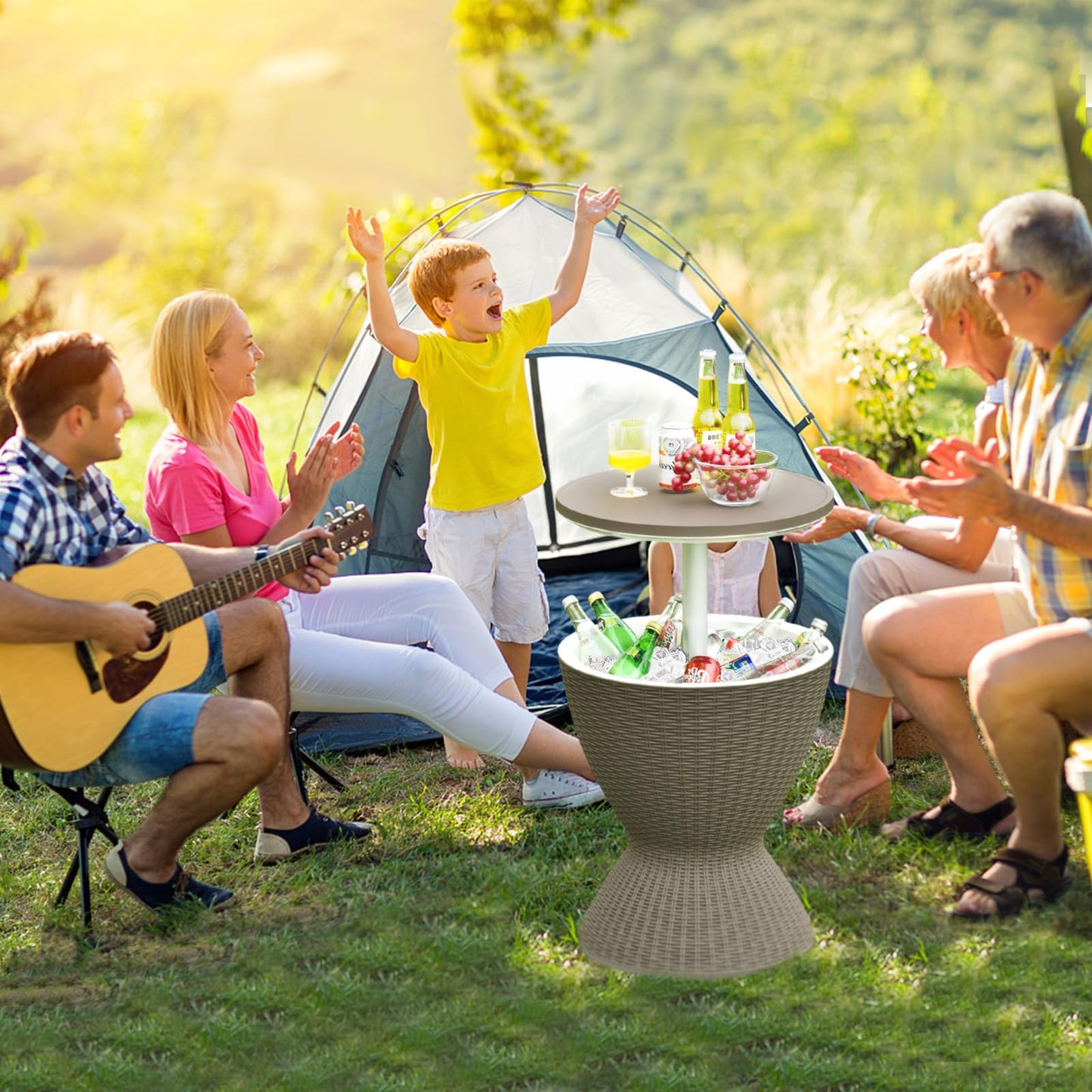 Byroce Outdoor Cooler Side Table, Patio Bar Table w/ 8 Gallon Beer & Wine Cooler, Rattan Style Pool Side & Hot Tub Table, All-Weather Cocktail Table for Parties, Backyard, Deck