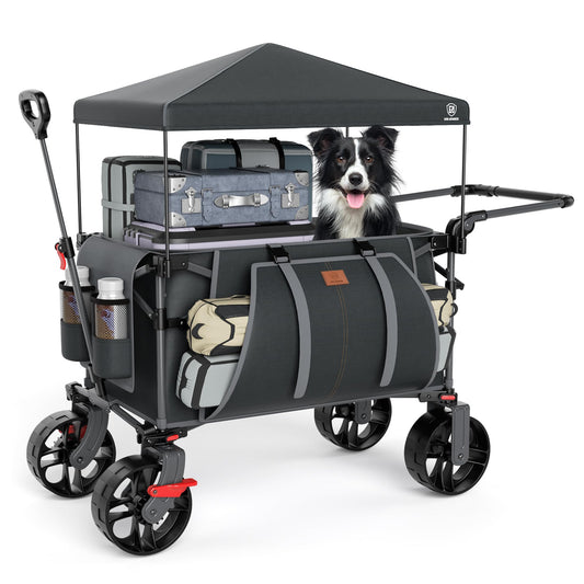 EVER ADVANCED Folding Push Wagon with Canopy, Portable Shopping Cart with Brakes, Collapsible Wagon Cart with All-Terrain Big Wheels for Camping, Beach, Sports