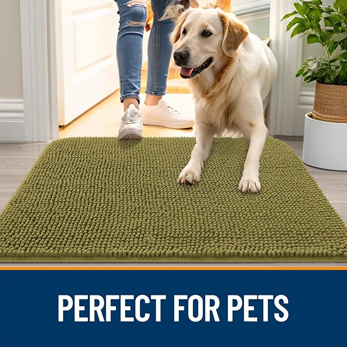 OLANLY Dog Door Mat for Muddy Paws 35x24, Absorbs Moisture and Dirt, Absorbent Non-Slip Washable Doormat, Quick Dry Chenille Mud Mat, Entry Indoor Entryway Carpet for Inside Floor, Willow Green