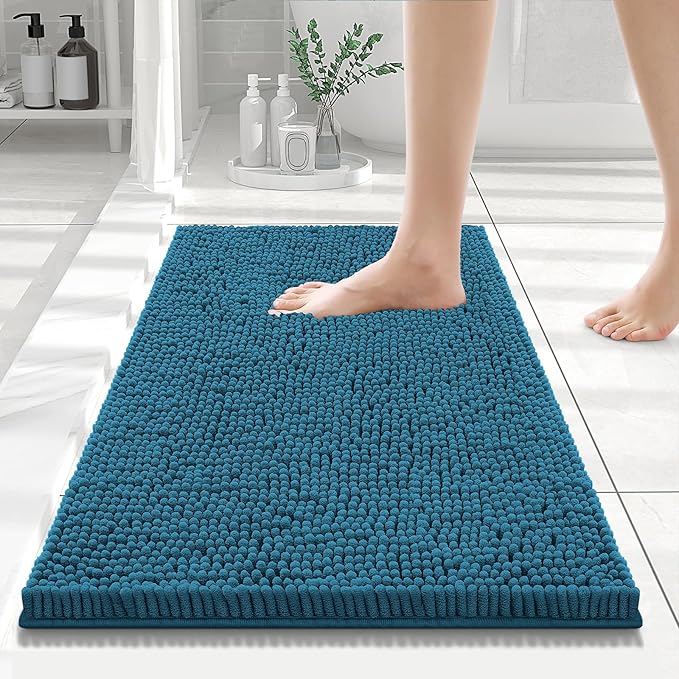 Smiry Luxury Chenille Bathroom Rugs 24x16, Extra Soft and Absorbent Shaggy Bath Mat, Machine Washable, Non-Slip Plush Carpet Runner for Tub, Shower, and Floor, Home Decor Accessories, Peacock Blue