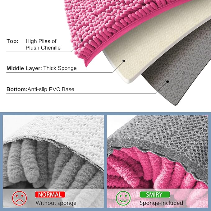 Smiry Luxury Chenille Bathroom Rugs 59x20, Extra Soft and Absorbent Shaggy Bath Mat, Machine Washable, Non-Slip Plush Carpet Runner for Tub, Shower, and Floor, Home Decor Accessories, Hot Pink