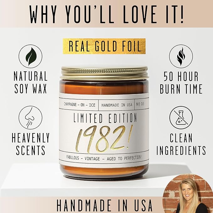 43rd Birthday Gifts for Women - 'Limited Edition 1982' Soy Candle, w/Champagne on Ice I 43 Birthday Gifts for Women I 43rd Gift for Her Ideas I 9oz Reusable Jar, 50Hr Burn, Made in USA