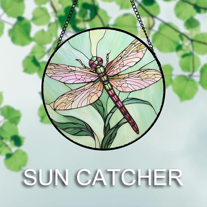 Stained Glass Window Hanging 4 Pcs Set Pink Green Insect Theme Large 15" - Butterfly Suncatcher Door Garden Sun Catcher Decor Birthday Christmas for Mom Woman Nana Men