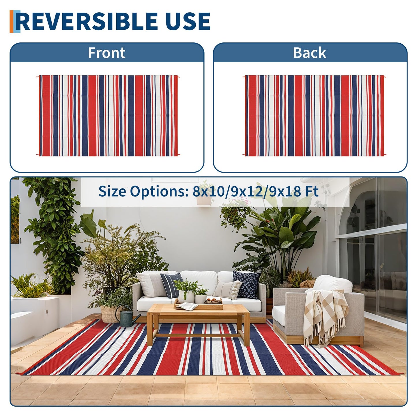 GAOMON 10x20 Outdoor Rug Waterproof for Patio Plastic Straw Large Rug Geometric Stripe Indoor Outdoor Area Rug Modern Lines Outdoor Camping Rugs for RV Porch Deck Backyard Balcony, Red Navy White