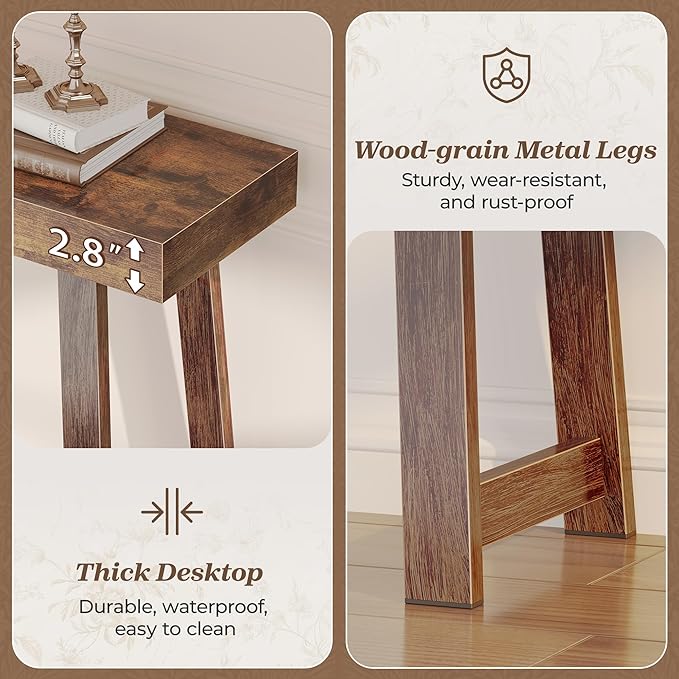 Huuger Entryway Console Table with Charging Station, USB-C Port, 39.4 Inch Sofa Table with Metal Legs, Entry Hallway Table with Thicker Desktop, Modern Behind Couch Table, Rustic Brown