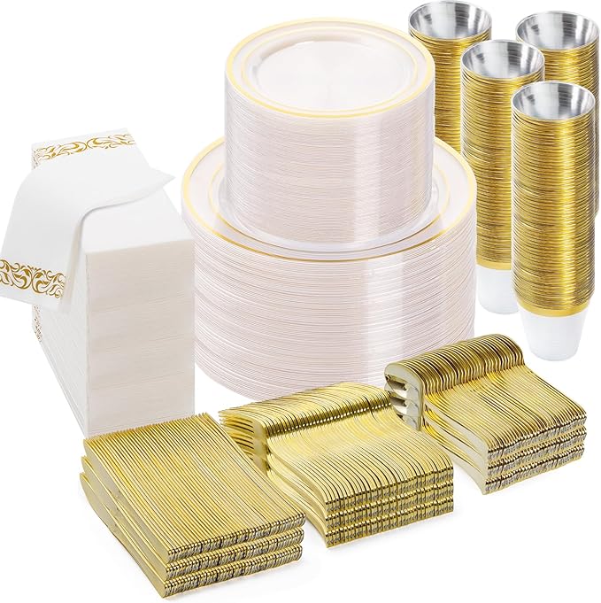 BESTVIP 700PCS Clear Gold Disposable Dinnerware Set for 100 Guests, Plastic Plates for Party, Wedding, Christmas, Halloween, Include: 200 Plastic Plates, 100 Gold Silverware, 100 Cups, 100 Napkins