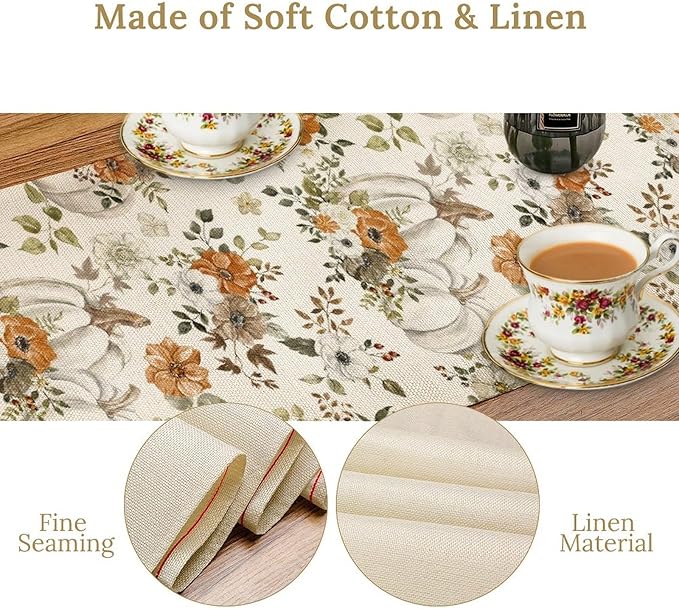 Fall Pumpkin Table Runner Rustic Floral Watercolor Plants White Vegetables Flowers Pastoral Theme Home Decor for Farmhouse Indoor Outdoor Party Holiday Dining Kitchen Restaurant Cafe W13xL36in
