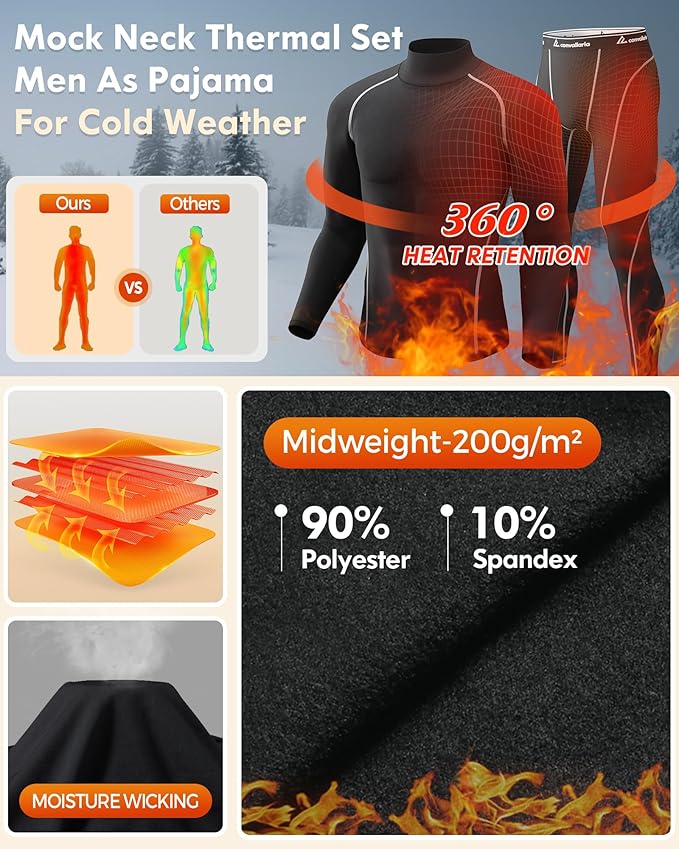 CL convallaria Thermal Underwear for Men Long Johns Fleece Lined Hunting Gear Set Base Layer for Cold Weather XS-4XL