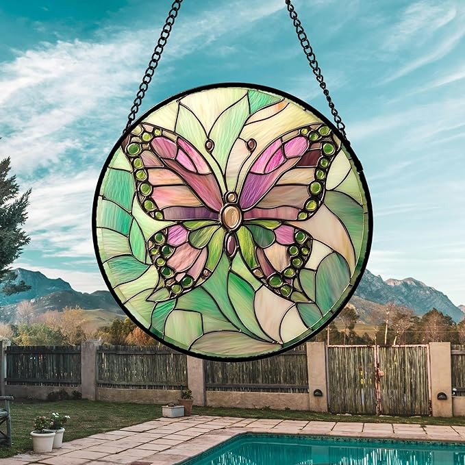 Stained Glass Window Hanging 4 Pcs Set Pink Green Insect Theme Large 15" - Butterfly Suncatcher Door Garden Sun Catcher Decor Birthday Christmas for Mom Woman Nana Men