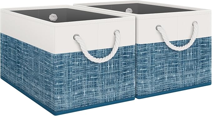 Fab totes Storage Bins [2-Pack], Foldable Storage Baskets for Organizing Toys, Books, Shelves, Closet, Large Storage Box with Rope Handles, Sturdy Organizer Bins, White & Blue