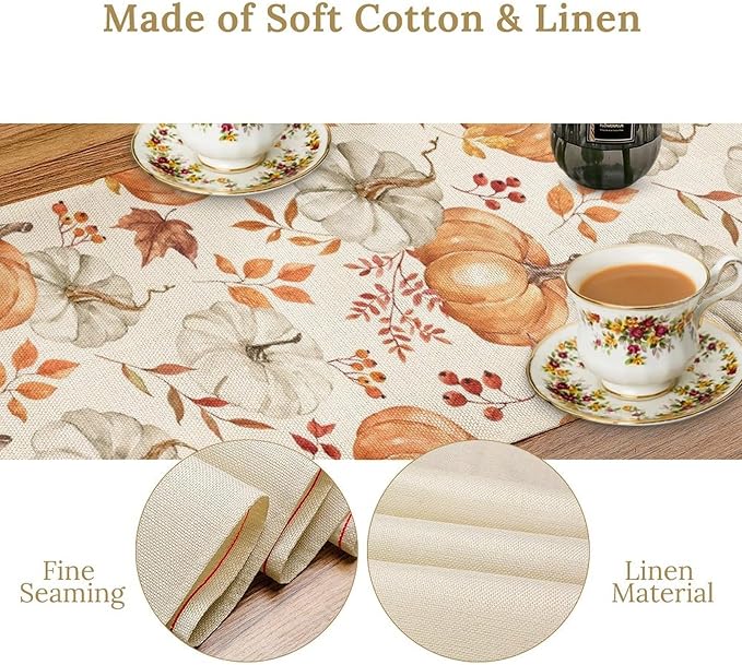 Pumpkin Table Runner Fall Orange White Colorful Leaves Berries Thanksgiving Watercolor Illustration Rustic Decor for Farmhouse Indoor Outdoor Party Holiday Dining Kitchen Restaurant Cafe W13xL60in