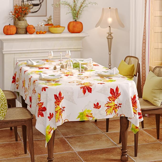 Fall Rectangle Tablecloth 60 x 102 Inch, Thanksgiving Autumn Harvest Maple Leaves Table Cloth, Spill Proof Wipeable Washable Rectangular Table Covers for Party Picnic Dinner Decor