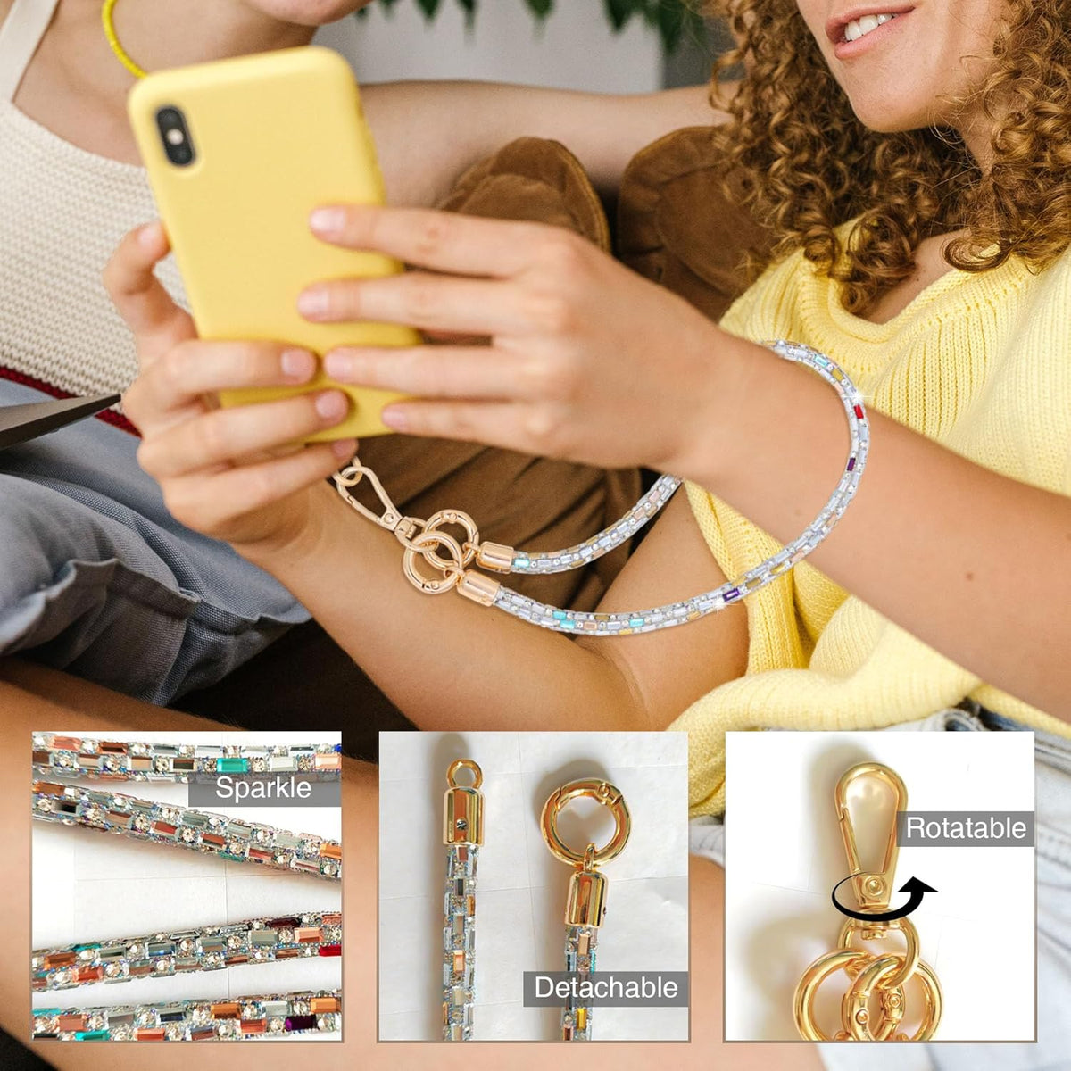 FUAHXYES Crystal Phone Strap Crossbody Rhinestone Anti Theft Layered Strap Crossbody Gold Metal Buckles Cell Phone Neck