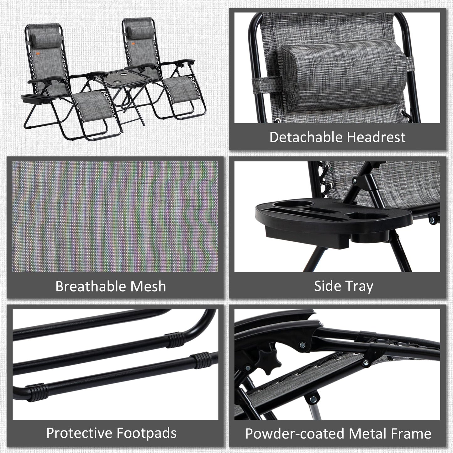 Outsunny Zero Gravity Chair Set with Side Table, Folding Reclining Chair with Cupholders & Pillows, Adjustable Lounge Chairs for Pool, Backyard, Lawn, Beach, Gray