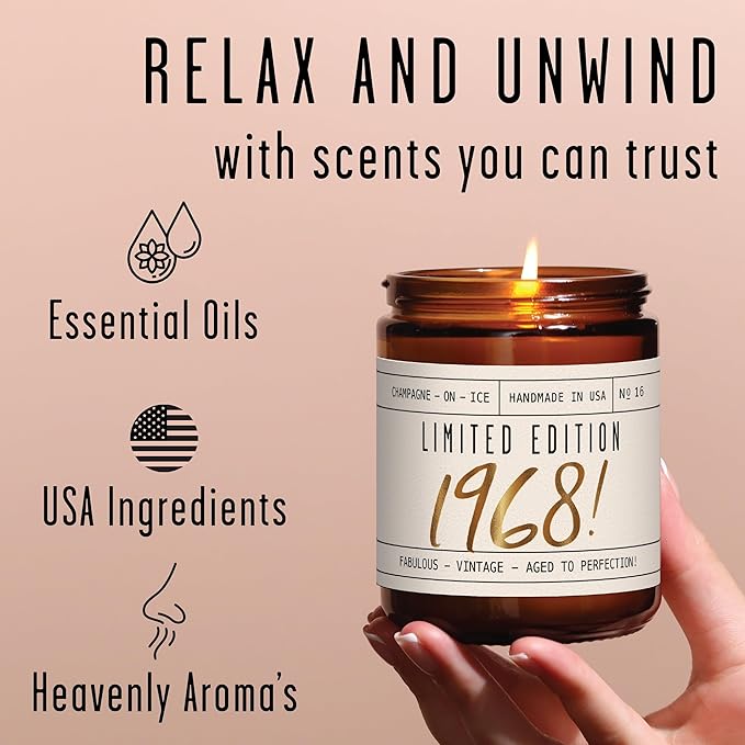 57th Birthday Gifts for Women - 'Limited Edition 1968' Soy Candle, w/Champagne on Ice I 57 Birthday Gifts for Women I 57th Gift for Her Ideas I 9oz Reusable Jar, 50Hr Burn, Made in USA