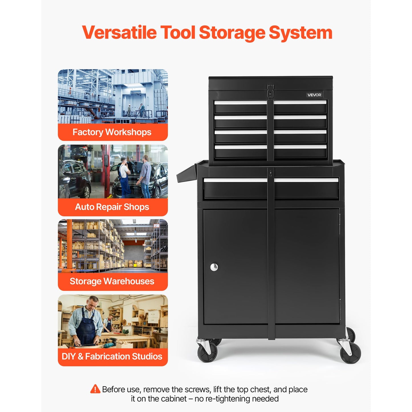 VEVOR Rolling Tool Chest, 2-in-1 Design, 5 Drawers Tool Cabinet Organizer with Detachable Top Metal Toolbox, Lock Bar, Protective Liner, and Tools Rack, Garage Storage Cabinet for Warehouse, Workshop