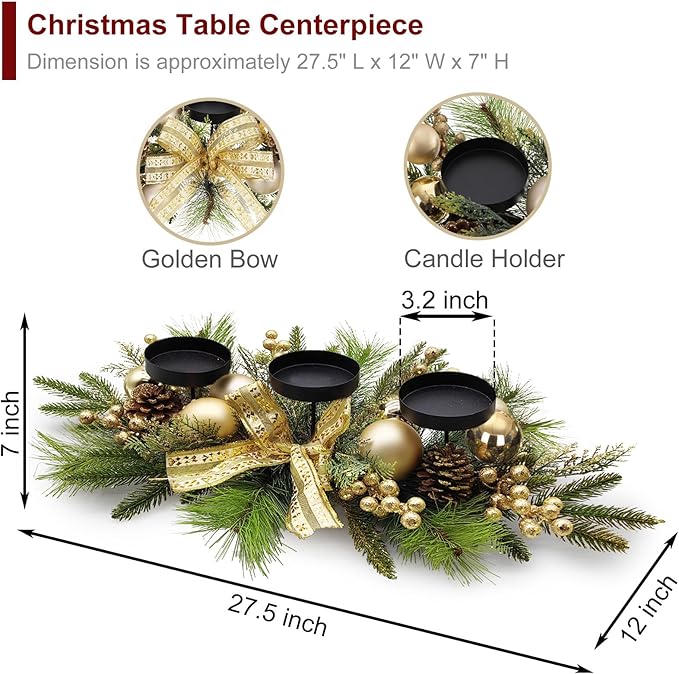 Gold Glittery Christmas Candle Centerpiece with Berries and Pinecones - 27.5 Inch
