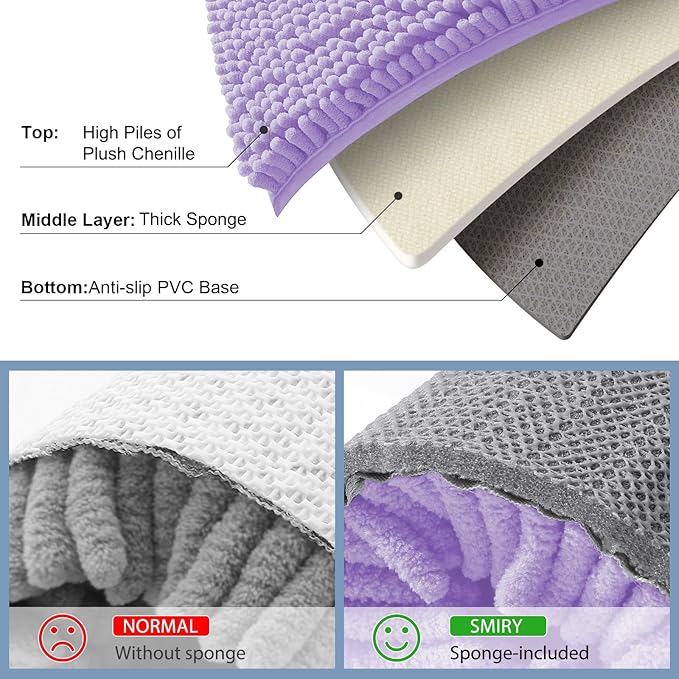 Smiry Luxury Chenille Bathroom Rugs 48x32, Extra Soft and Absorbent Shaggy Bath Mat, Machine Washable, Non-Slip Plush Carpet Runner for Tub, Shower, and Floor, Home Decor Accessories, Purple