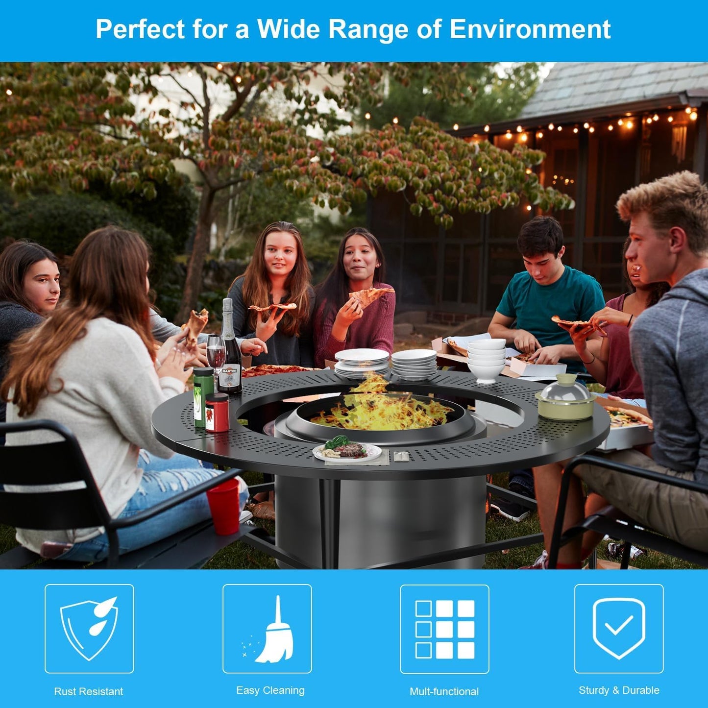 LS'BABQ 40" Fire Pit Surround Tabletop with Waterproof Cover for Solo Stove Bonfire & Ranger, Round Outdoor Fire Pit Table for Most Wood-Burning Stoves Under 22" Dia for Camping, Powder-Coated Steel