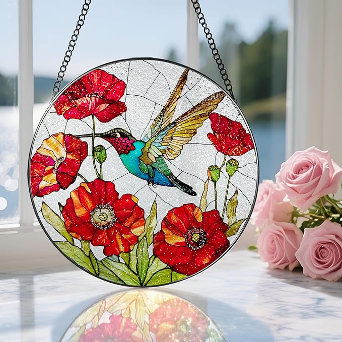 Stained Glass Window Hanging, 8 Inch Hummingbird Stained Glass Suncatcher, Sun Catcher Indoor Window, Hummingbird Decor, Gifts for Mom, Gifts for Grandma, Mothers Day, Christmas, Birthday Gift