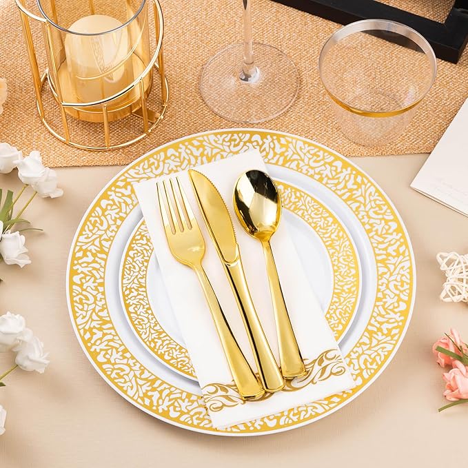 700PCS Gold Plastic Dinnerware Set for 100 Guests, Disposable Plates for Party, Include 100 Gold Dinner Plates, 100 Dessert Plates, 100 Set Silverware, 100 Cups, 100 Napkins