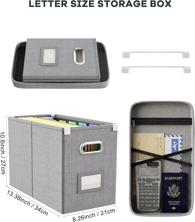 Oterri File Organizer Box with Lid, Hanging Filing File Box with Mesh Pocket, Document Organizer Box for Letter Files, Portable Storage Box with Smooth Sliding Rail for Office&Home(1 PCS, Grey)