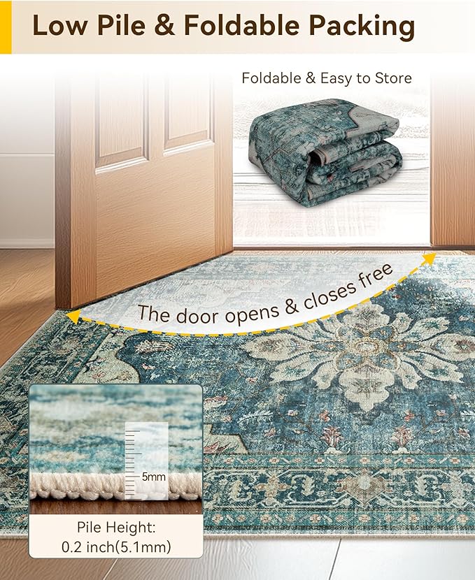 Area Rugs 8'x10' Washable Non-Slip, Floral Vintage Distress Print Pattern Medallion Carpet for Living Room Bedroom Dining Room, Dark Blue Vintage