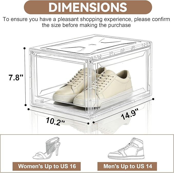 Acrylic Shoe Storage Boxes with Magnetic Door - 360° Clear Stackable Shoe Display Box Set, Plastic Shoe Cabinet Rack Box for Sneakers Heels Shoes (12, Clear, L - Front Open)