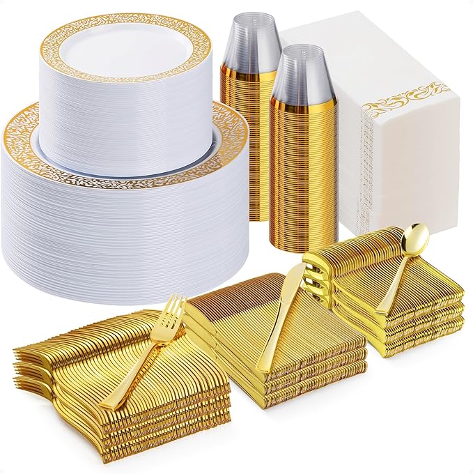 700PCS Gold Plastic Dinnerware Set for 100 Guests, Disposable Plates for Party, Include 100 Gold Dinner Plates, 100 Dessert Plates, 100 Set Silverware, 100 Cups, 100 Napkins