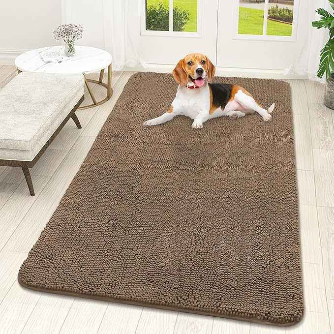 OLANLY Dog Door Mat for Muddy Paws 59x32, Absorbs Moisture and Dirt, Absorbent Non-Slip Washable Doormat, Quick Dry Chenille Mud Mat for Dogs, Entry Indoor Entryway Carpet for Inside Floor, Tan