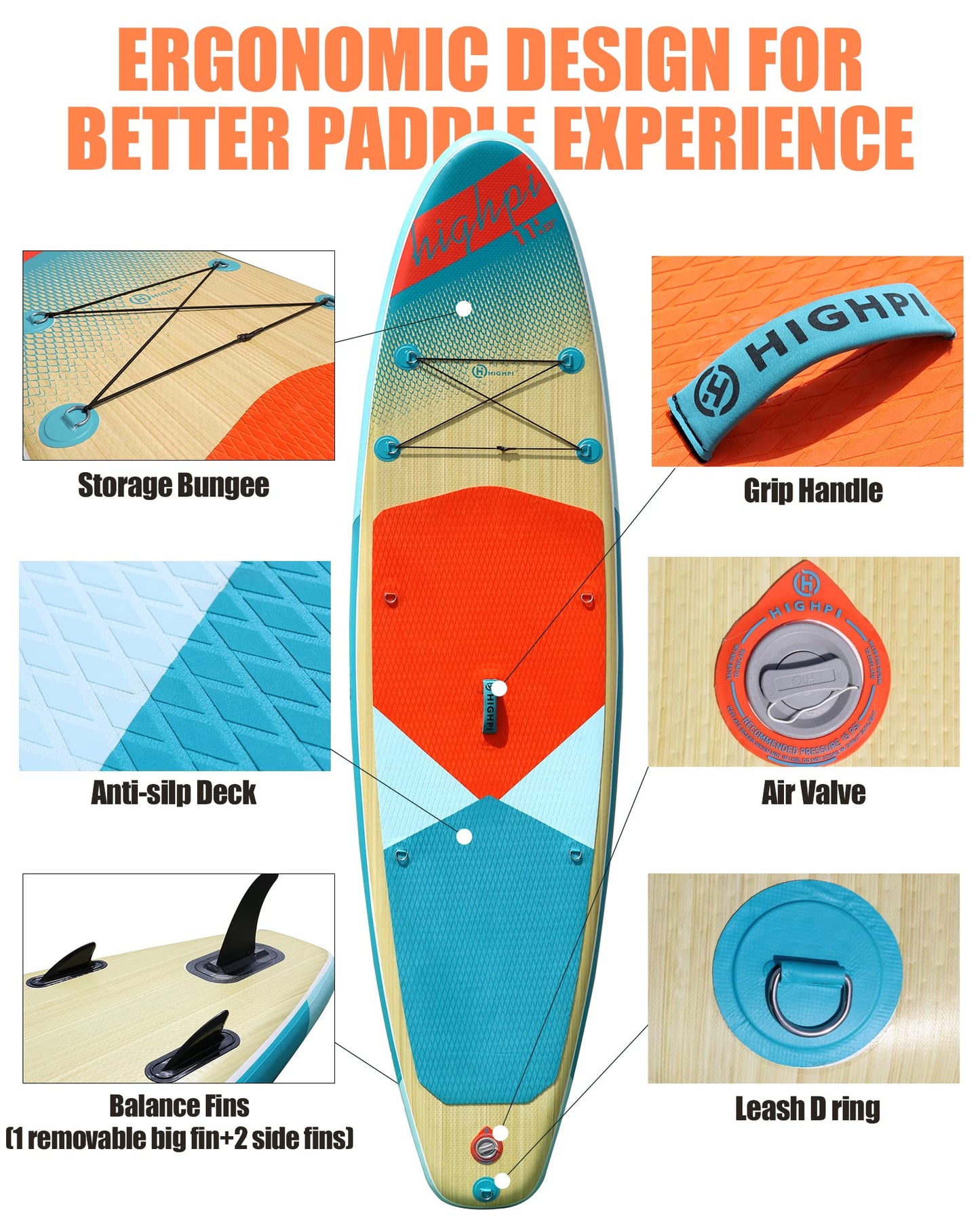 Highpi 11ft Inflatable Stand Up Paddle Board for Youth and Adults – Wide Sup with Premium Accessories, Blow Up Paddleboard for Surfing, Fishing, Yoga & More
