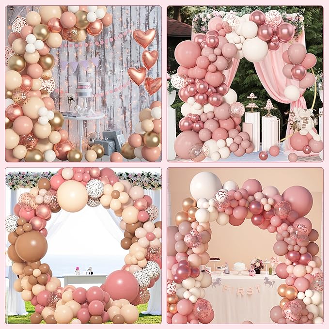 Amandir 153pcs Dusty Pink Balloon Garland Arch Kit, Different Sizes 18 12 10 5 inch Pink White Sand Metallic Confetti Pink Balloons for Girl Baby Shower Birthday Boho Party Decorations