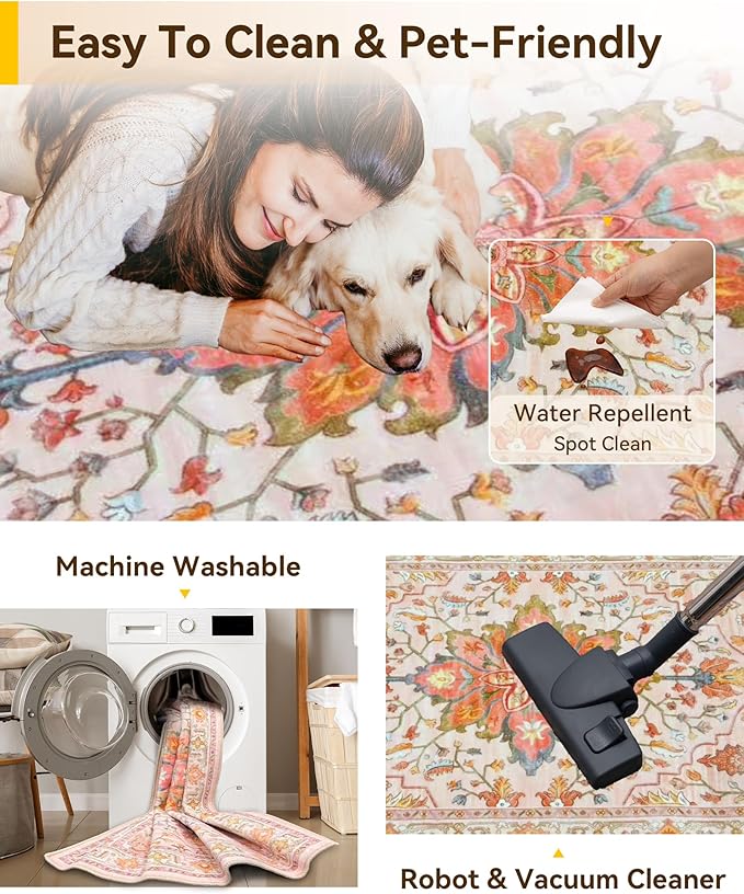 Area Rugs 3'x4' Washable Non-Slip, Floral Vintage Distress Print Pattern Medallion Carpet for Living Room Bedroom Dining Room, Light Pink Colorful
