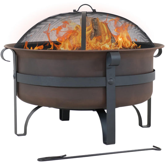 Sunnydaze Cauldron Wood-Burning Outdoor Fire Pit for Patio and Backyard - Round Steel Outside Firepit Bowl with Cover, Removable Ash Pan, Spark Screen, and Poker Tool - Dark Bronze - 29"