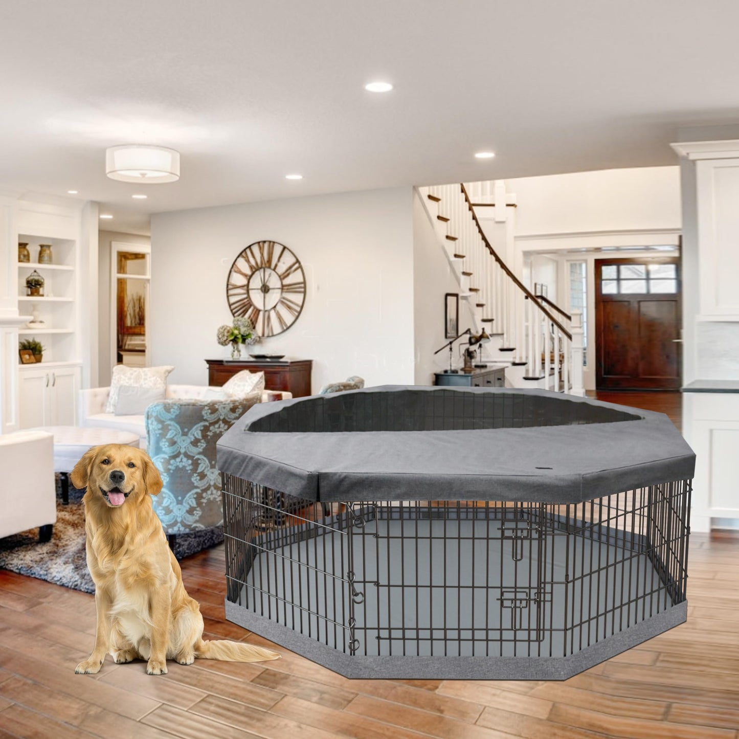 PETIME Foldable Metal Dog Exercise Pen/Pet Puppy Playpen Kennels Yard Fence Indoor/Outdoor 8 Panel 24" W with Top Cover and Bottom Pad (Playpen+Bottom+Top Cover, 8 Panels 24" H)